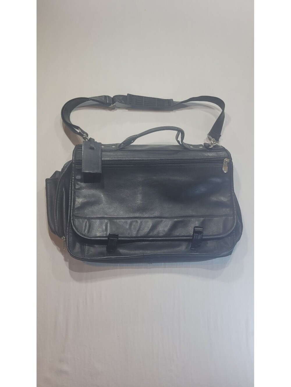 Black Leather Messenger Bag with Multiple Compartments and Adjustable Shoulder &